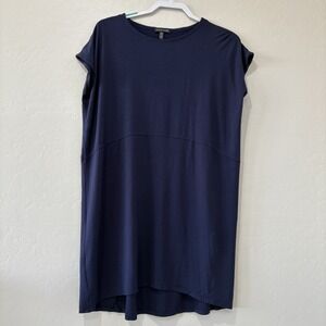 Eileen Fisher Navy Blue Short Sleeve Tunic Dress XS Organic Cotton, Tencel Modal